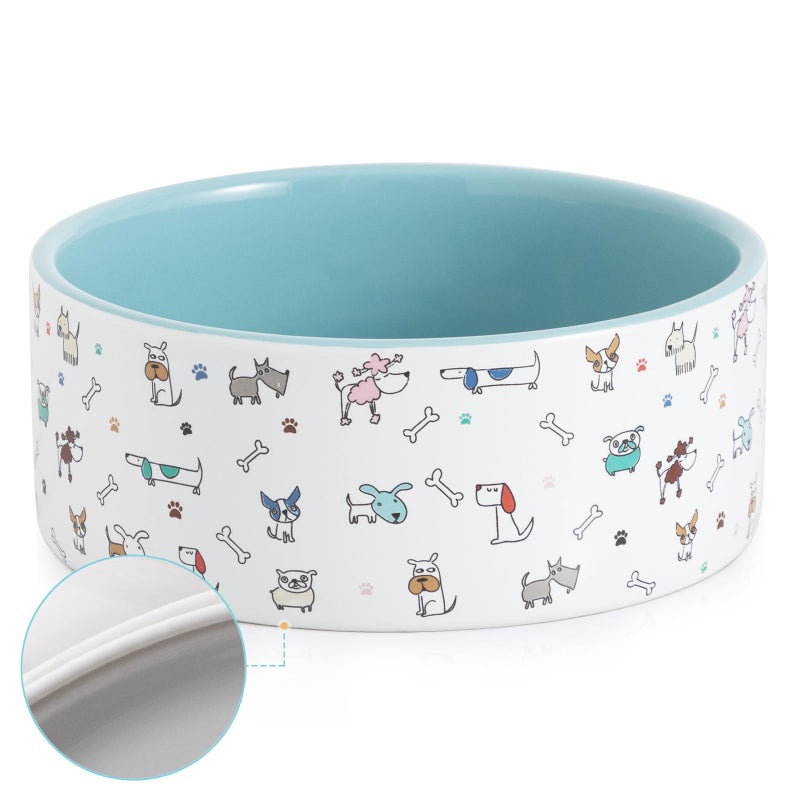 Fun Elements Ceramic Dog Bowls Large 64 Fl Oz Heavy Duty Adorable Dog Patterns Large Blue