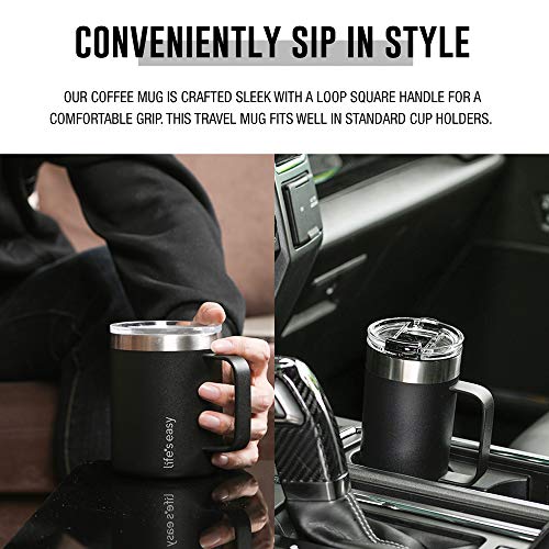 Life's Easy 12 oz Stainless Steel Mug w/Handle - Double Wall Insulated Travel Tumbler w/Flip Lid - Leak Proof Tumbler-Thermal Cup for Coffee, Tea & More - Keep Hot & Cold Drinks (Onyx, 12 oz) - Image 4
