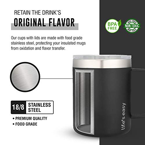 Life's Easy 12 oz Stainless Steel Mug w/Handle - Double Wall Insulated Travel Tumbler w/Flip Lid - Leak Proof Tumbler-Thermal Cup for Coffee, Tea & More - Keep Hot & Cold Drinks (Onyx, 12 oz) - Image 5