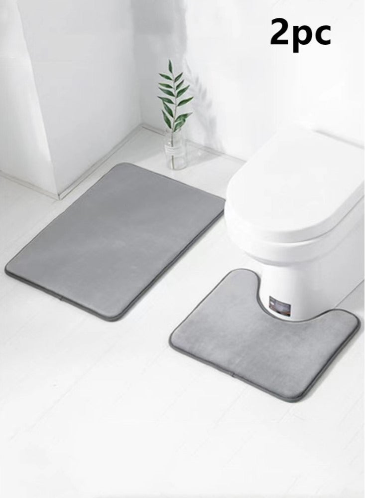Kutis 2-Pieces European Simple Style Toilet Floor Mat Suit Bathroom Carpet Set Polyester Fiber Grey - Image 1