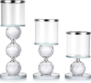 OwnMy Set of 3 Crystal Glass Candlestick Holders Pillar Candle Holders with Glass Covers, Modern Clear Glass Tea Light - Image 1