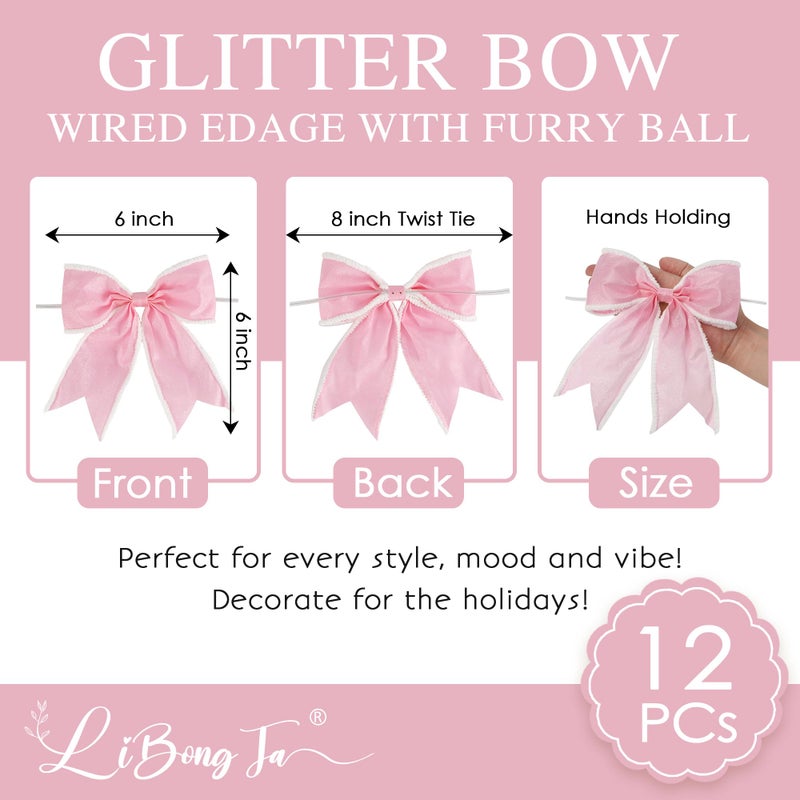 LiBongTa 6" Pink Bow Decor Wired Edge Glitter Bow with White Furry Ball, Premade Bows with Twist Ties, Gift Bows for Presents, Treat Bags, Wreath, Tree, Pink Valentines Glitter Bow-12 PCs - Image 2