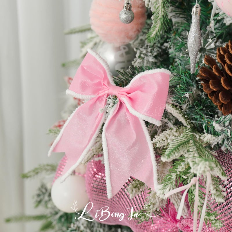 LiBongTa 6" Pink Bow Decor Wired Edge Glitter Bow with White Furry Ball, Premade Bows with Twist Ties, Gift Bows for Presents, Treat Bags, Wreath, Tree, Pink Valentines Glitter Bow-12 PCs - Image 5
