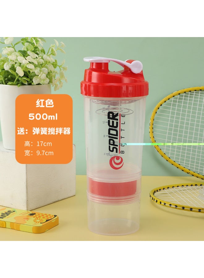 SPIDER BOTTLE Red-transparent 500ml Three-layer Shaker Cup, Large-capacity Fitness Water Cup, Sports Water Bottle, Protein Powder Milkshake Shaker Cup, Plastic Cup - Image 1