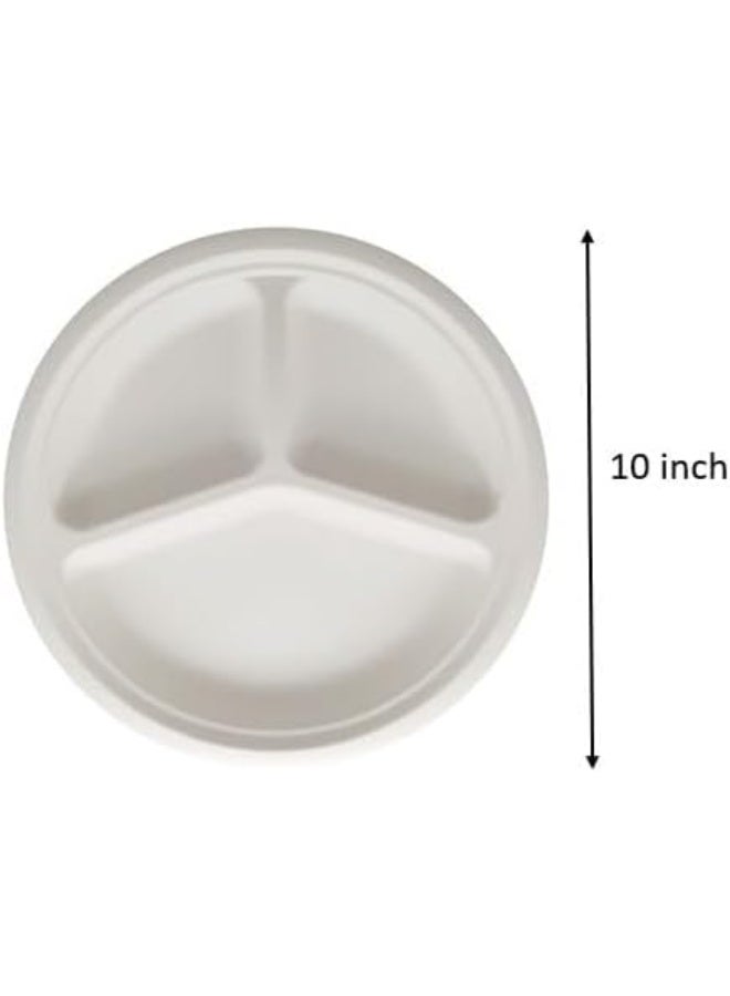 HOME CHOICE 10 inch Diameter 3 Compartment Plate, 25-Pieces,  Round Sugar Cane Disposable Plates - Image 2