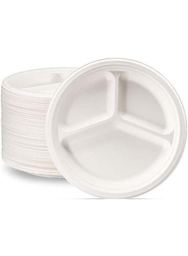 HOME CHOICE 10 inch Diameter 3 Compartment Plate, 25-Pieces,  Round Sugar Cane Disposable Plates - Image 3