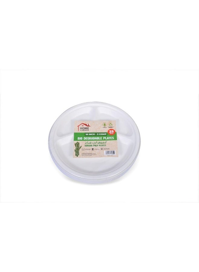 HOME CHOICE 10 inch Diameter 3 Compartment Plate, 25-Pieces,  Round Sugar Cane Disposable Plates - Image 1