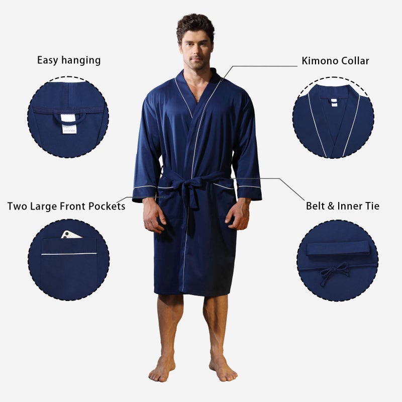 Lagtew Mens Kimono Robe Lightweight Soft Bathrobe Sleepwear Loungewear with Pockets,NAVY,M - Image 5