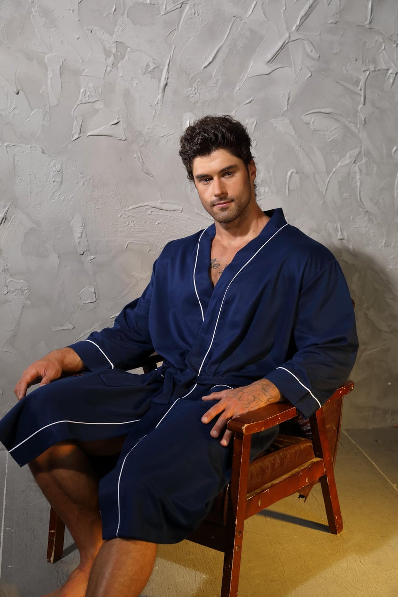 Lagtew Mens Kimono Robe Lightweight Soft Bathrobe Sleepwear Loungewear with Pockets,NAVY,M - Image 4