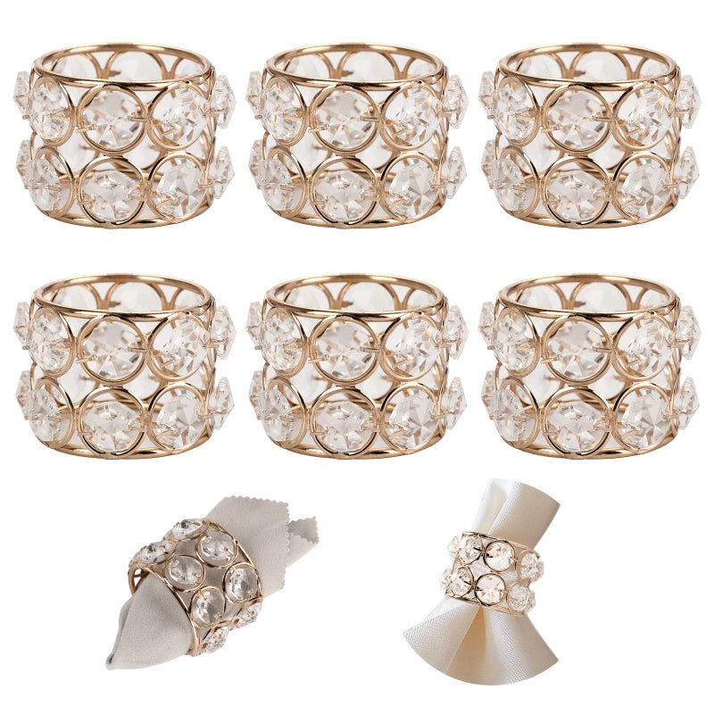 OwnMy Set of 6 Crystal Beads Napkin Rings Handcraft Sparkly Decorative Napkin Rings for Cloth Napkins Napkin Ring Holders for Wedding Party Dining Table Centerpieces Romantic Decor Golden Tone