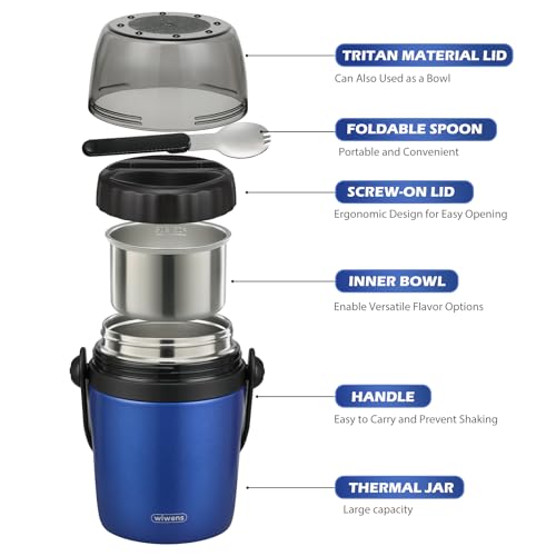 wiwens 32oz Lunch Containers for Adults Kids Soup Thermo for Hot Food Jar Stainless Steel Insulated Vacuum Leak Proof Wide Mouth Thermal Bento Box with Spoon and Tritan Lid - Image 2