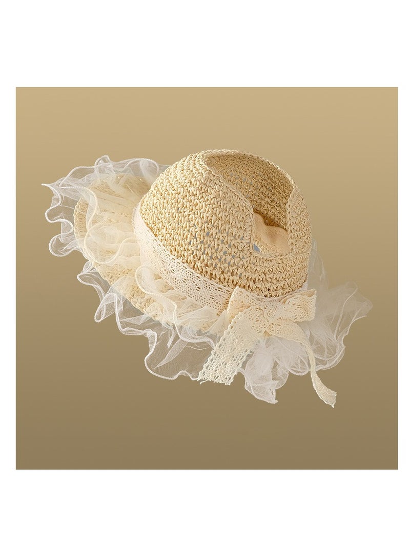 سيوسي قبعة من القش للأطفال البنات الصغار، قبعة صيفية على شكل ذيل حصان، قبعات صيفية للشاطئ والرضع والأطفال الصغار من الدانتيل للحماية من الشمس - Image 1