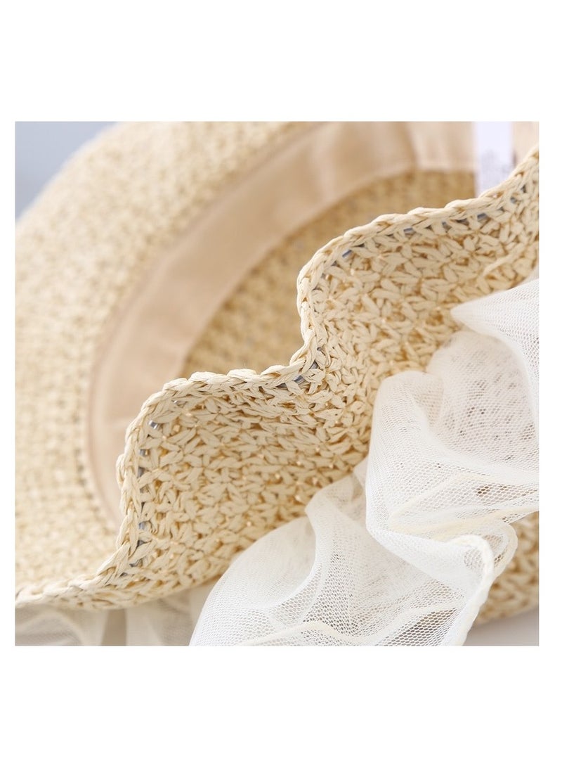 سيوسي قبعة من القش للأطفال البنات الصغار، قبعة صيفية على شكل ذيل حصان، قبعات صيفية للشاطئ والرضع والأطفال الصغار من الدانتيل للحماية من الشمس - Image 3