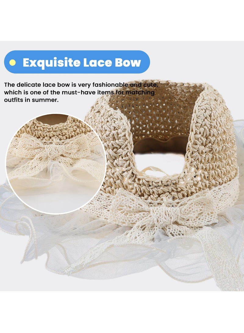 سيوسي قبعة من القش للأطفال البنات الصغار، قبعة صيفية على شكل ذيل حصان، قبعات صيفية للشاطئ والرضع والأطفال الصغار من الدانتيل للحماية من الشمس - Image 5