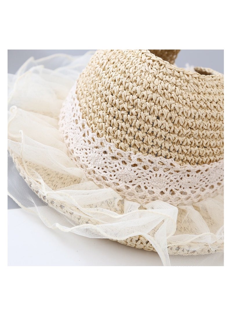 سيوسي قبعة من القش للأطفال البنات الصغار، قبعة صيفية على شكل ذيل حصان، قبعات صيفية للشاطئ والرضع والأطفال الصغار من الدانتيل للحماية من الشمس - Image 4