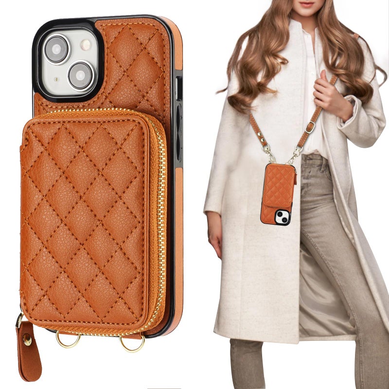 Bocasal Crossbody Wallet Case for iPhone 15, RFID Blocking PU Leather Zipper Handbag Purse Flip Cover, Kickstand Folio Case with Card Slots Holder Wrist Strap Lanyard 5G 6.1 Inch (Brown) - Image 1