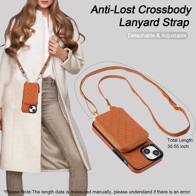 Bocasal Crossbody Wallet Case for iPhone 15, RFID Blocking PU Leather Zipper Handbag Purse Flip Cover, Kickstand Folio Case with Card Slots Holder Wrist Strap Lanyard 5G 6.1 Inch (Brown) - Image 5