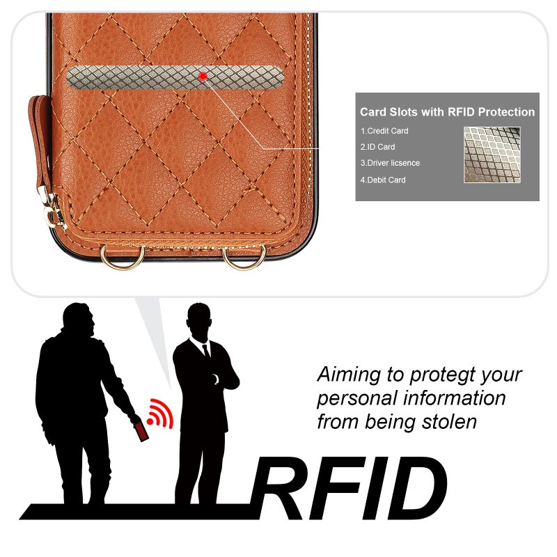Bocasal Crossbody Wallet Case for iPhone 15, RFID Blocking PU Leather Zipper Handbag Purse Flip Cover, Kickstand Folio Case with Card Slots Holder Wrist Strap Lanyard 5G 6.1 Inch (Brown) - Image 3