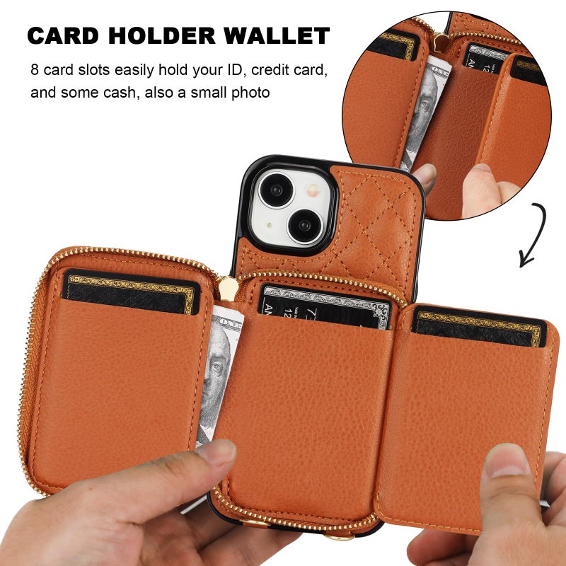 Bocasal Crossbody Wallet Case for iPhone 15, RFID Blocking PU Leather Zipper Handbag Purse Flip Cover, Kickstand Folio Case with Card Slots Holder Wrist Strap Lanyard 5G 6.1 Inch (Brown) - Image 4