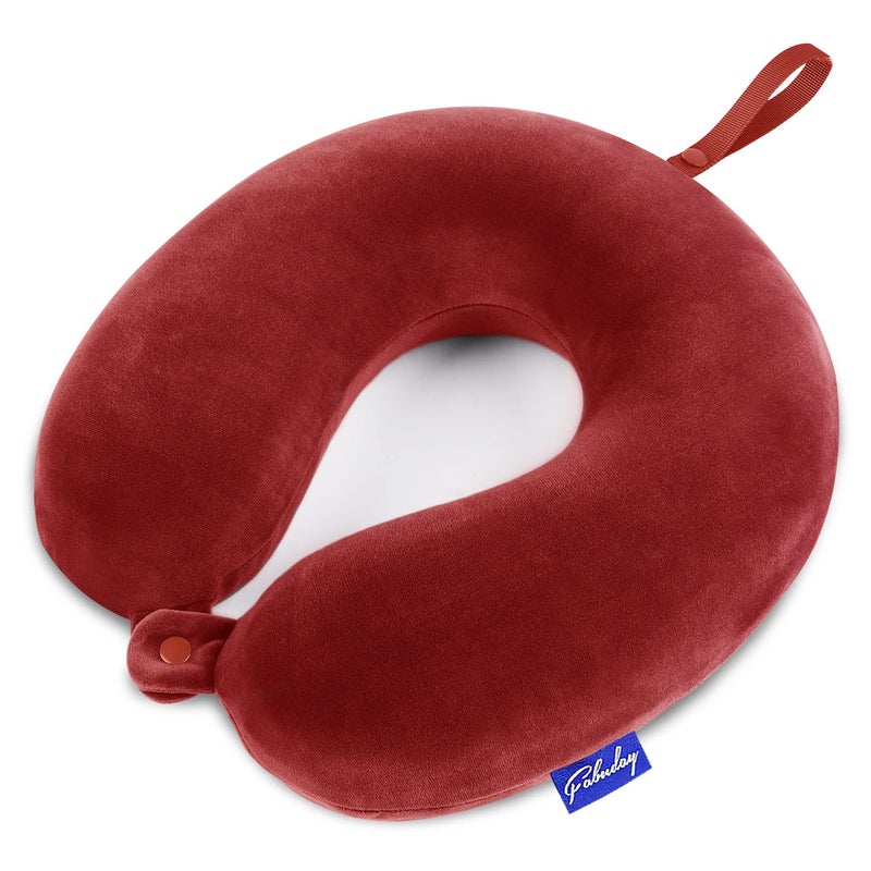 Fabuday Neck Pillows for Travel Airplane Pillow for Long Flight with Attachable Snap Strap Washable Cover Memory Foam Travel Rest Pillow for Airplanes Plane Neck Support for Adults Red