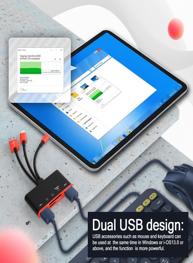JOOPSHEE قارئ بطاقات ذاكرة 5 في 1، ومحول USB OTG، وقارئ بطاقات SD لأجهزة iPhone/iPad، وأجهزة USB C وUSB A المزودة بفتحات لبطاقات Micro SD وSD، ويدعم بطاقات SD/Micro SD/SDHC/SDXC/MMC (أسود/أحمر) - Image 3