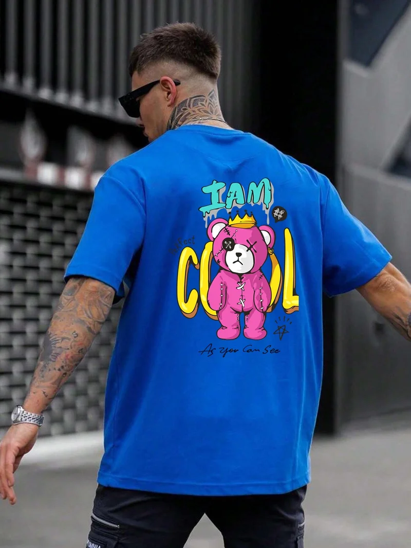 DogFish Teddy Family Printed Oversize Blue Men's T-Shirt