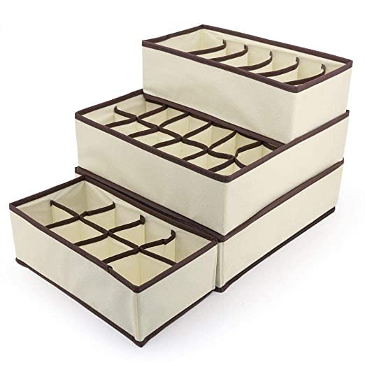 Bluwings Foldable Undergarments Storage Cupboard Closet Organizer Collapsible Box Wardrobe Under Bed Drawer Dividers for Clothes Hanky Socks Bra and Baby Clothes Organizer Set of 4 Beige - Image 1