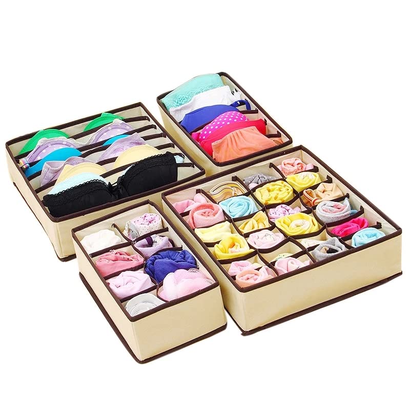 Bluwings Foldable Undergarments Storage Cupboard Closet Organizer Collapsible Box Wardrobe Under Bed Drawer Dividers for Clothes Hanky Socks Bra and Baby Clothes Organizer Set of 4 Beige - Image 3