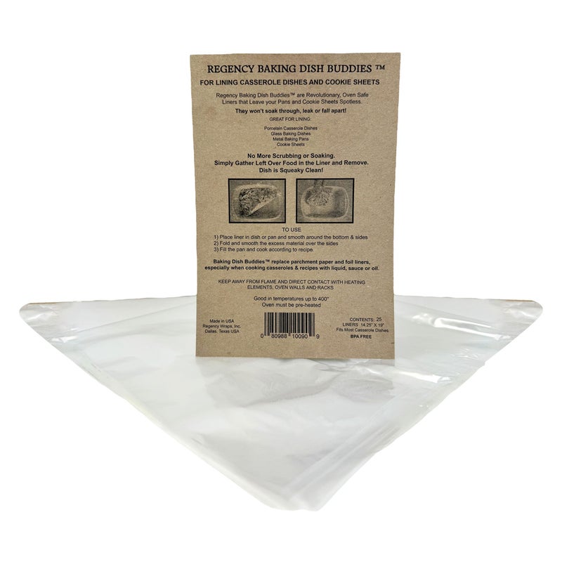 Regency Wraps Baking Dish Buddies, 14.5" X 19" pack of 25 Non-Stick Liners For Mess-Free Casseroles Dishes, Baking Sheets, glass and metal baking pans, Clear - Image 1