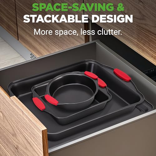 NutriChef Non-Stick Kitchen Oven Baking Pans-Deluxe & Stylish Nonstick Gray Coating Inside Outside, Commercial Grade Restaurant Quality Metal Bakeware with Red Silicone Handles NCSBS8S, 8 Piece Set - Image 3