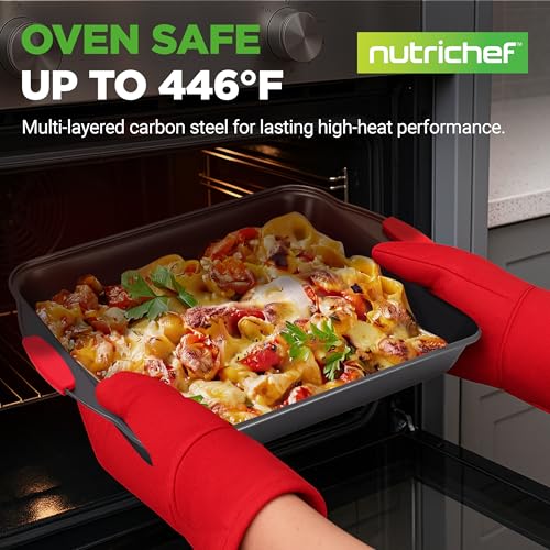 NutriChef Non-Stick Kitchen Oven Baking Pans-Deluxe & Stylish Nonstick Gray Coating Inside Outside, Commercial Grade Restaurant Quality Metal Bakeware with Red Silicone Handles NCSBS8S, 8 Piece Set - Image 2