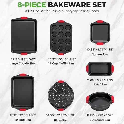 NutriChef Non-Stick Kitchen Oven Baking Pans-Deluxe & Stylish Nonstick Gray Coating Inside Outside, Commercial Grade Restaurant Quality Metal Bakeware with Red Silicone Handles NCSBS8S, 8 Piece Set - Image 4