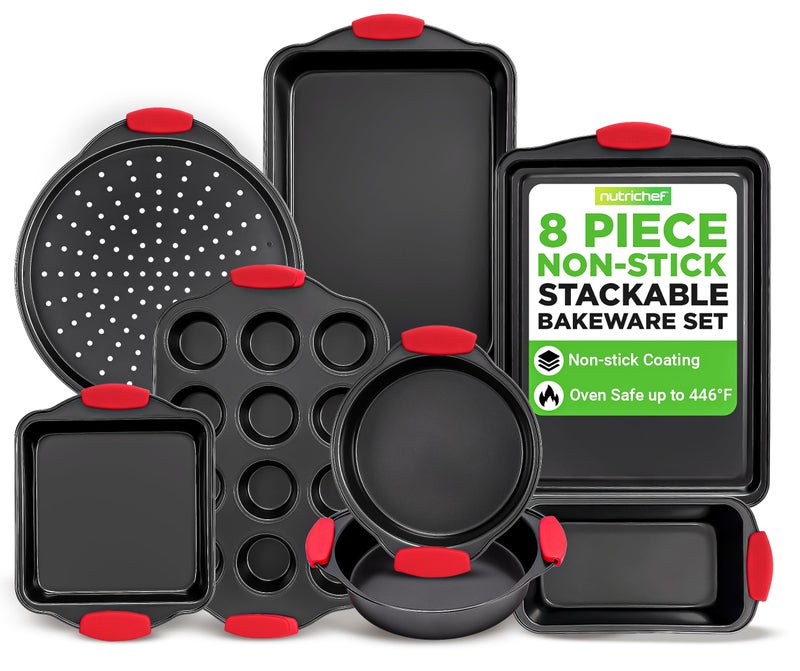NutriChef Non-Stick Kitchen Oven Baking Pans-Deluxe & Stylish Nonstick Gray Coating Inside Outside, Commercial Grade Restaurant Quality Metal Bakeware with Red Silicone Handles NCSBS8S, 8 Piece Set - Image 1