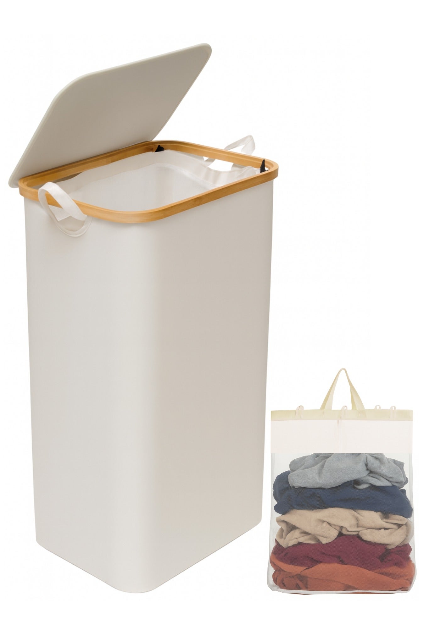 100L Foldable Laundry Basket with Cover and Removable Inner Mesh Bag, Large Stylish Collapsible Laundry Bag Basket for Home, Sturdy Cotton & Bamboo Laundry Hamper Dirty Clothes Basket 75x42x32cm White