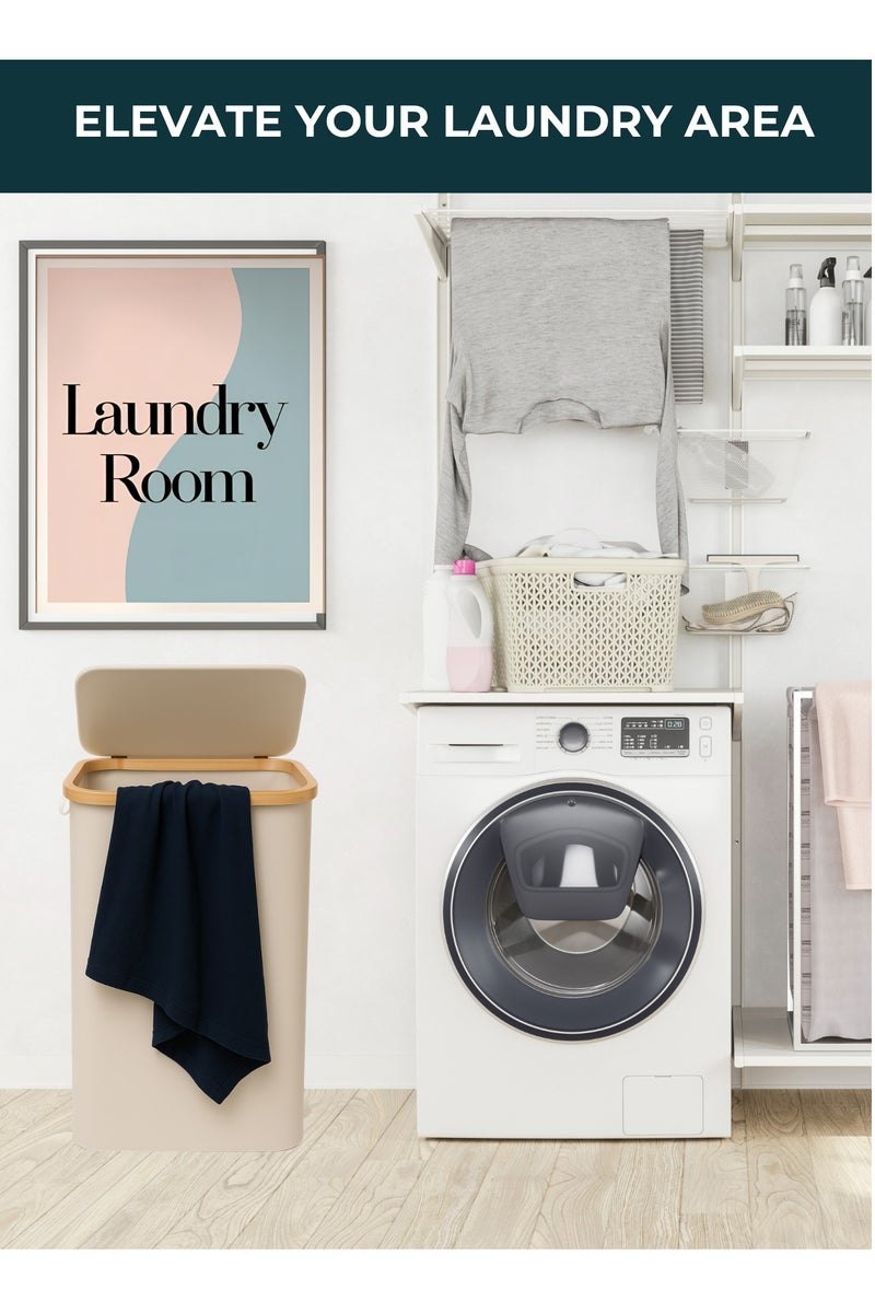 سورتيفي سلة غسيل قابلة للطي بسعة 100 لتر مع غطاء وكيس داخلي شبكي قابل للإزالة – سلة غسيل كبيرة أنيقة قابلة للطي للمنزل – قطن متين وخيزران – سلة ملابس متسخة 75×42×32 سم – أبيض - Image 2