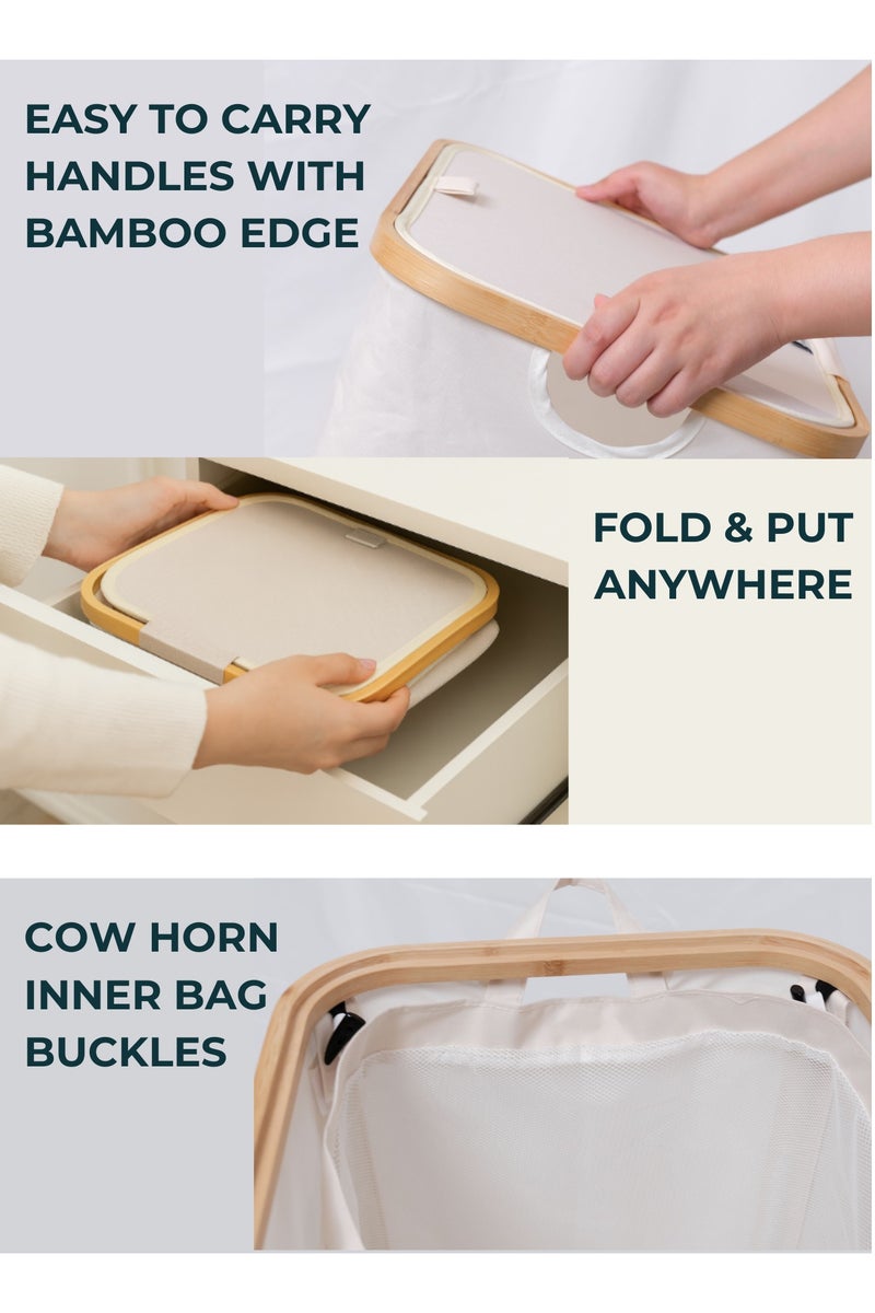 سورتيفي سلة غسيل قابلة للطي بسعة 100 لتر مع غطاء وكيس داخلي شبكي قابل للإزالة – سلة غسيل كبيرة أنيقة قابلة للطي للمنزل – قطن متين وخيزران – سلة ملابس متسخة 75×42×32 سم – أبيض - Image 3