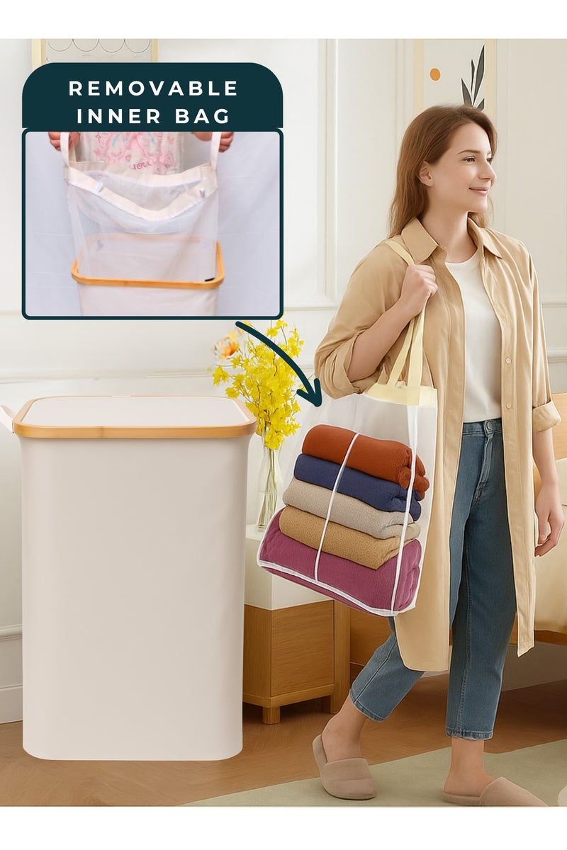 سورتيفي سلة غسيل قابلة للطي بسعة 100 لتر مع غطاء وكيس داخلي شبكي قابل للإزالة – سلة غسيل كبيرة أنيقة قابلة للطي للمنزل – قطن متين وخيزران – سلة ملابس متسخة 75×42×32 سم – أبيض - Image 4