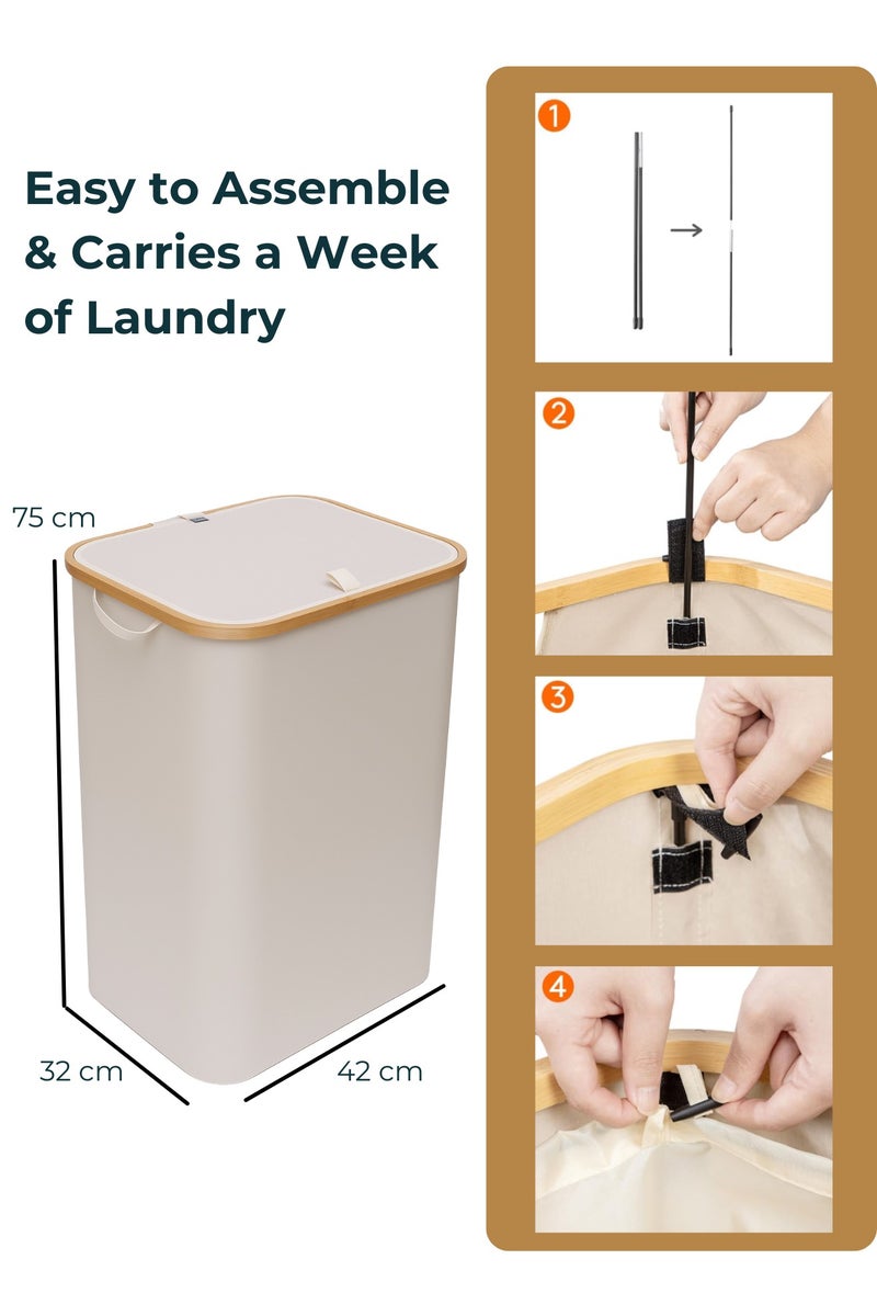 سورتيفي سلة غسيل قابلة للطي بسعة 100 لتر مع غطاء وكيس داخلي شبكي قابل للإزالة – سلة غسيل كبيرة أنيقة قابلة للطي للمنزل – قطن متين وخيزران – سلة ملابس متسخة 75×42×32 سم – أبيض - Image 5