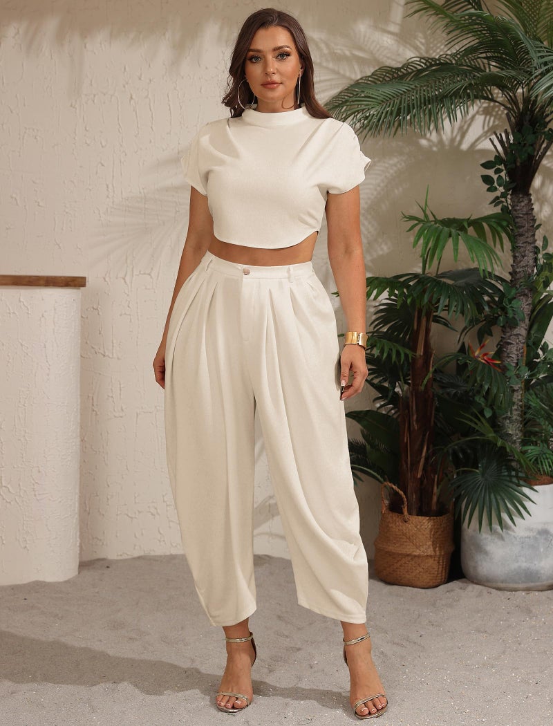 Ekaliy Casual Two Piece Set For Women Business Cap Short Sleeve Crop Tops and Pleated Barrel Pants Set Summer Outfit Apricot M - Image 4
