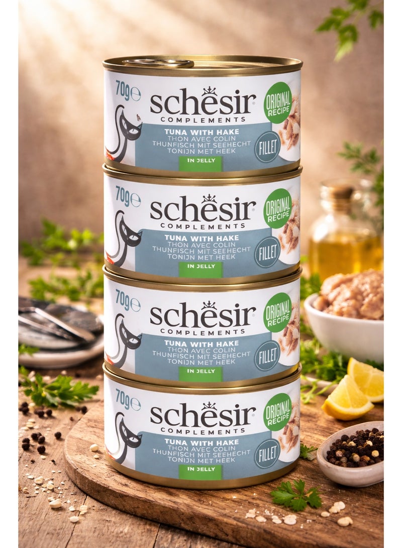 طعام قطط بالتونة مع سمك الهك في الجيلي، وصفة طبيعية من فيليه التونة والهك الحقيقي، طعام رطب غني بالبروتين ومكمل غذائي فاخر للقطط البالغة بوزن 70 جرام