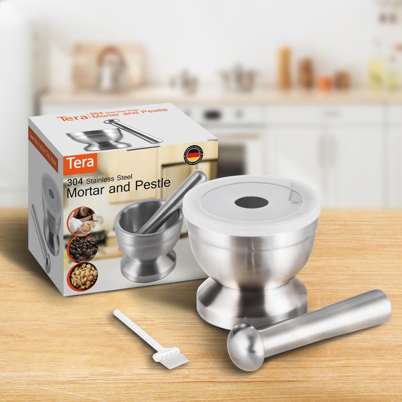 Tera 18/8 Stainless Steel Mortar and Pestle with Brush,Pill Crusher,Spice Grinder,Herb Bowl,Pesto Powder - Image 4