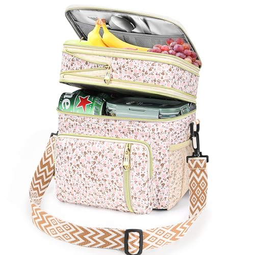 LOKASS Lunch Box for Women16LInsulated Lunch Bag Women Expandable Doublelayer Leakproof Cooler Bag with Upgrade Adjustable Shoulder Strap Ideal for WorkTravelPicnicsWhite Flower - Image 1