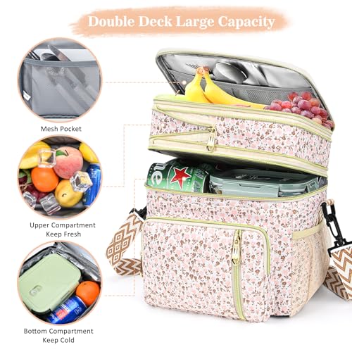 LOKASS Lunch Box for Women16LInsulated Lunch Bag Women Expandable Doublelayer Leakproof Cooler Bag with Upgrade Adjustable Shoulder Strap Ideal for WorkTravelPicnicsWhite Flower - Image 3