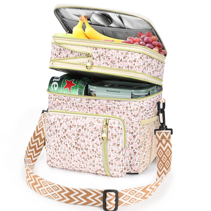 LOKASS Lunch Box for Women16LInsulated Lunch Bag Women Expandable Doublelayer Leakproof Cooler Bag with Upgrade Adjustable Shoulder Strap Ideal for WorkTravelPicnicsWhite Flower - Image 2