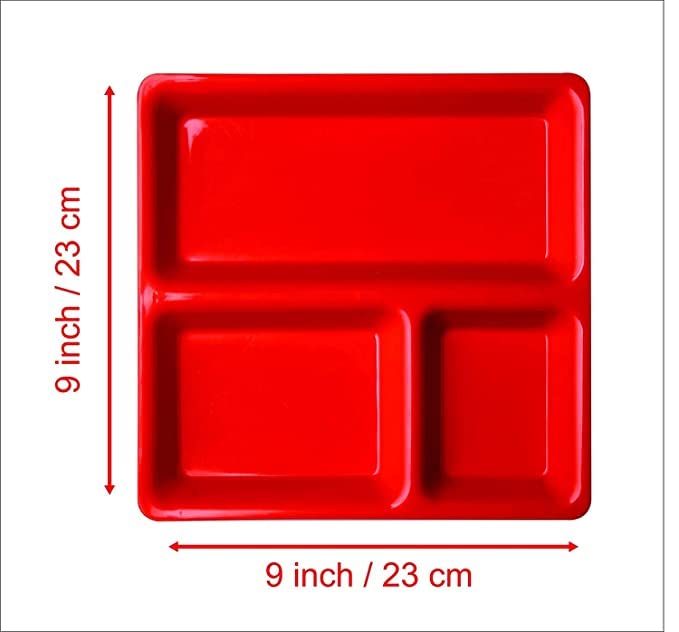 Coolkart FoodGrade Plastic 3 in 1 Compartments Pav Bhaji Plate Red Dinner Plates Pack of 6 Microwave Safe - Image 2