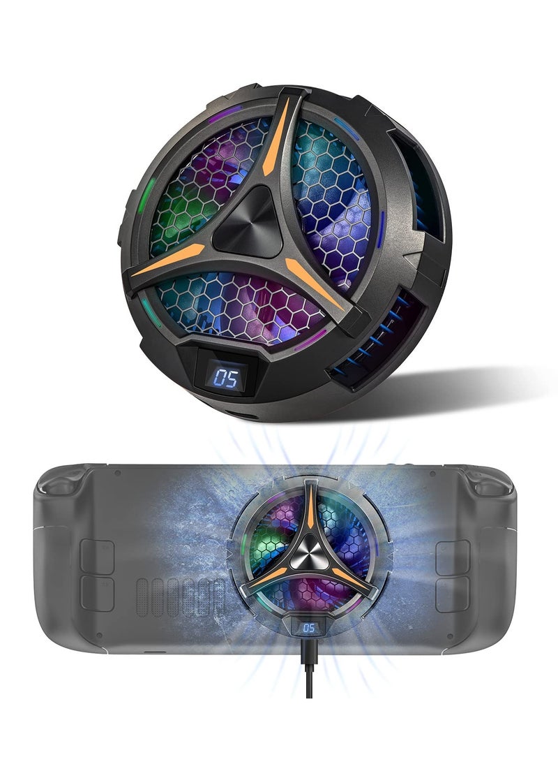 Steam Deck Cooling Fan with LED Temperature Display, 7-Blade Design, Dual-Speed Settings, Magnetic Heatsink, 7-Color RGB Cycle for Enhanced Performance and Cooling Efficiency  - Image 1