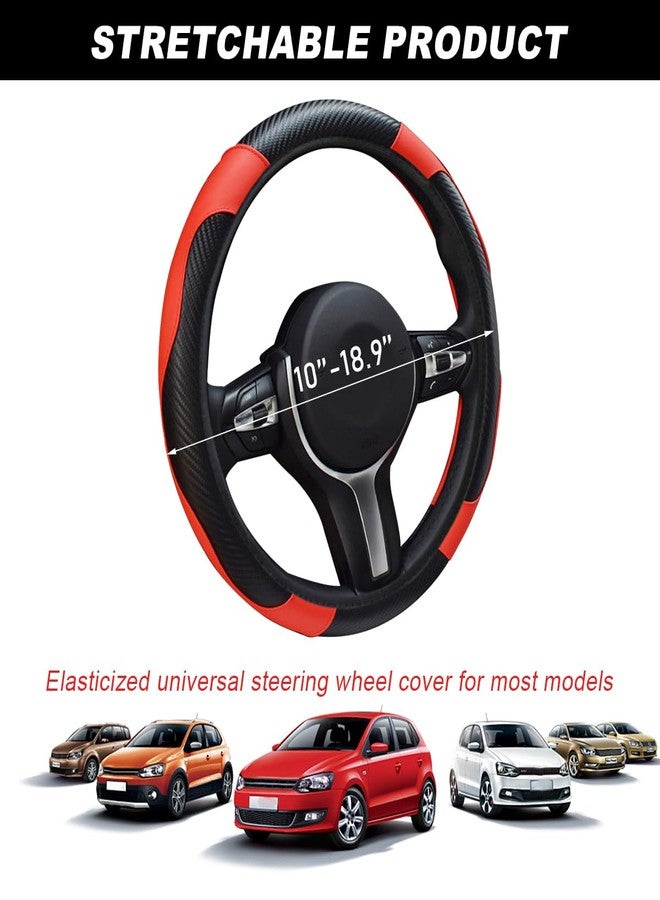 DXNQ Car Steering Wheel Cover, 15 Inch Carbon Fiber Leather Stitching Color Steering Wheel Protector, Anti-Slip Elastic Breathable Steering Wheel Cover Stylish Decor for Most Cars (Black&Red) - Image 2