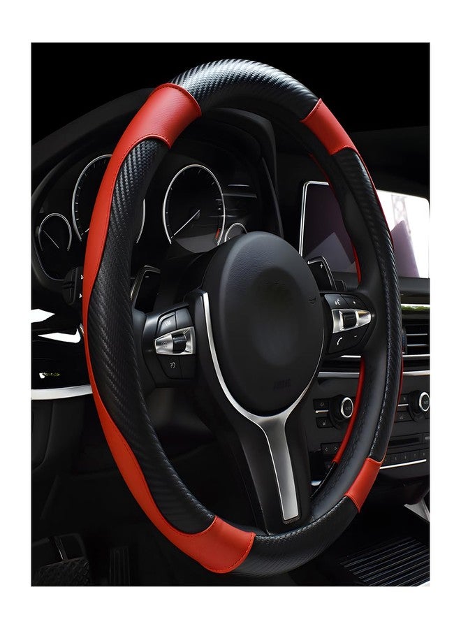DXNQ Car Steering Wheel Cover, 15 Inch Carbon Fiber Leather Stitching Color Steering Wheel Protector, Anti-Slip Elastic Breathable Steering Wheel Cover Stylish Decor for Most Cars (Black&Red) - Image 1