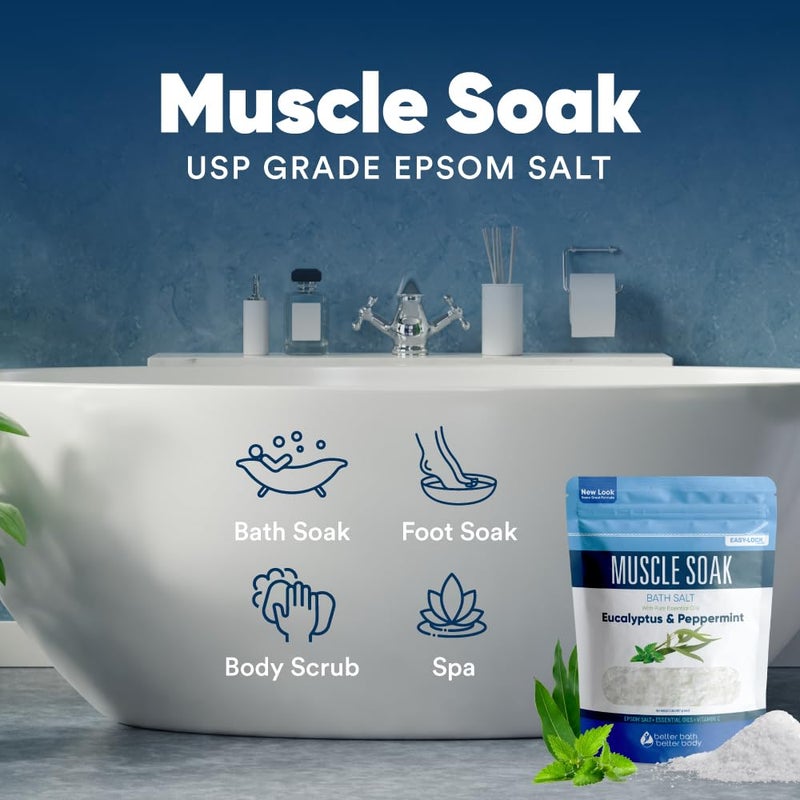 Better Bath Better Body Muscle Soak Bath Salt 32 Ounces Epsom Salt with Natural Peppermint and Eucalyptus Essential Oils Plus Vitamin C in BPA Free Pouch with Easy Press-Lock Seal - Image 4