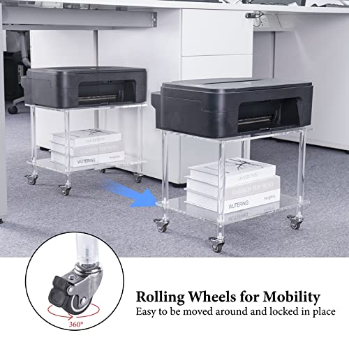 HMYHUM Acrylic Printer Stand - 2-Tier Under Desk Printer Table with Wheels - Multifunctional Rolling Cart for Office & Home, Clear - Image 4